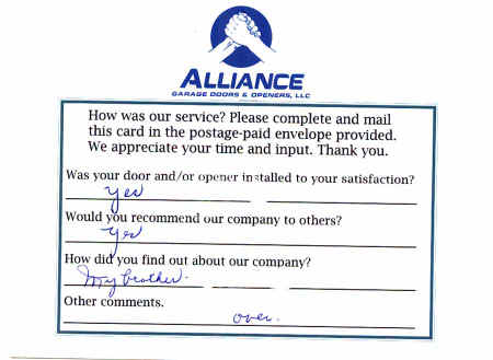 Alliance Garage Doors & Openers' Customer Response