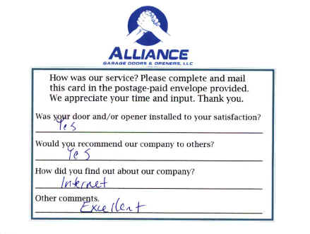 Alliance Garage Doors & Openers' Customer Response