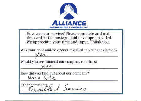 Alliance Garage Doors & Openers' Customer Response